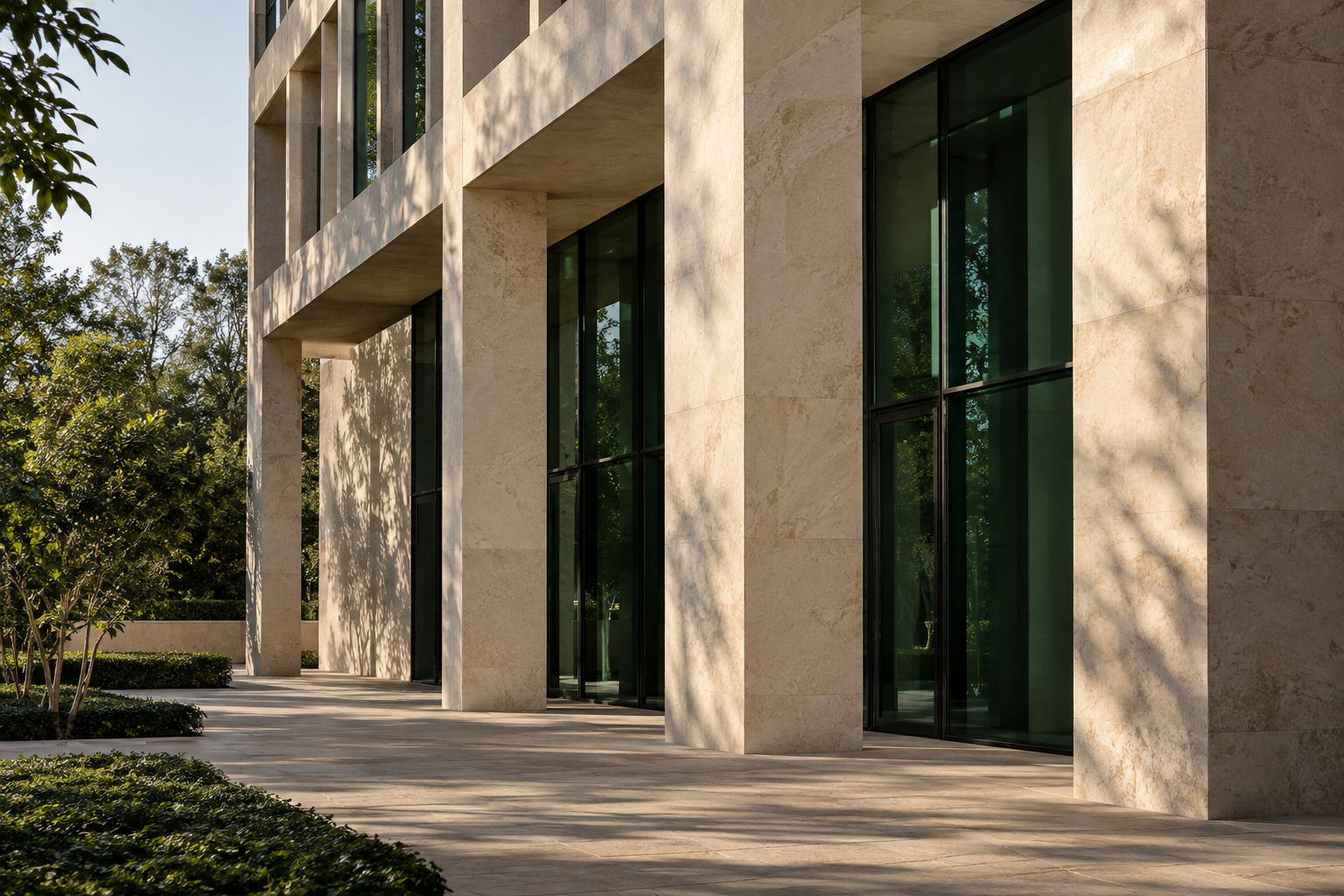 Sunlight across a stone and glass facade